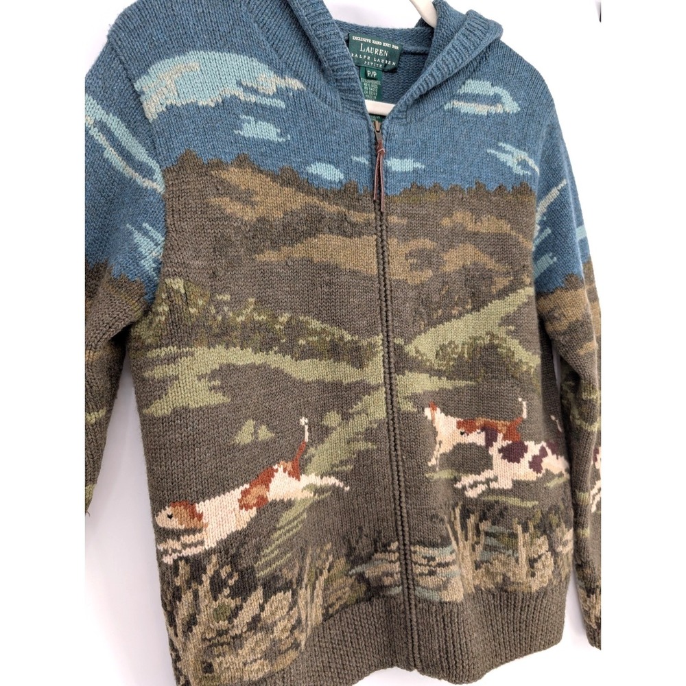 VTG‎ Ralph Lauren Hand Knit Wool Hunting Dog Zip Hooded Sweater SP Heritage Prep - Picture 4 of 15